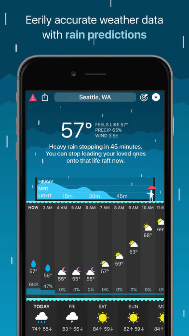Carrot Weather radar and forecast screen showing Dark Sky data