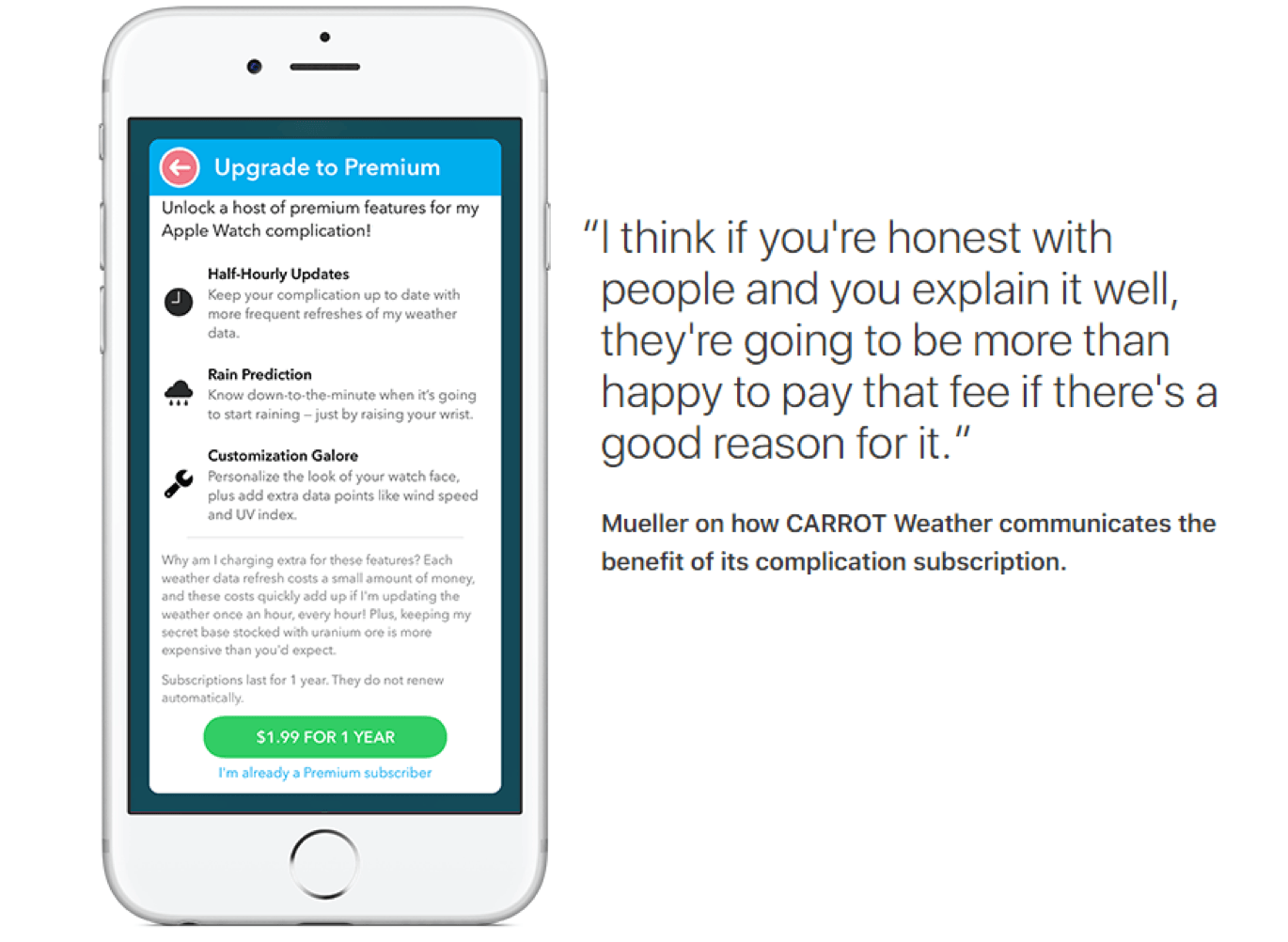 Grailr developer page showing Carrot Weather paymium subscription options