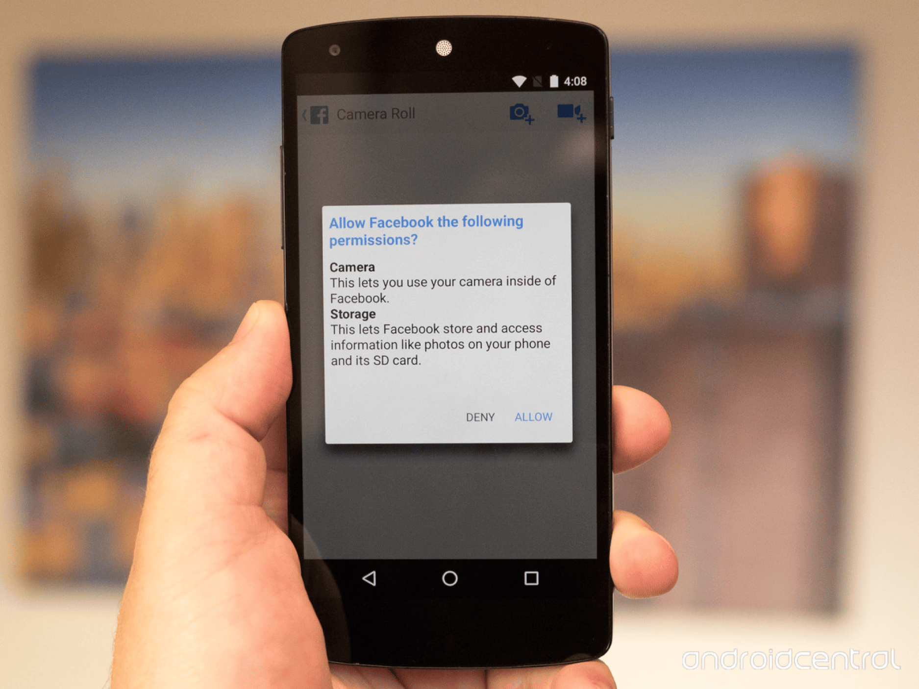Android app permission request dialog asking for location and contacts access