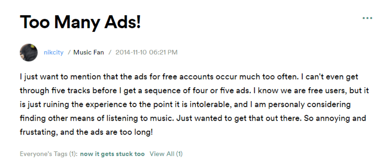 Spotify community forum thread complaining about excessive in-app advertisements