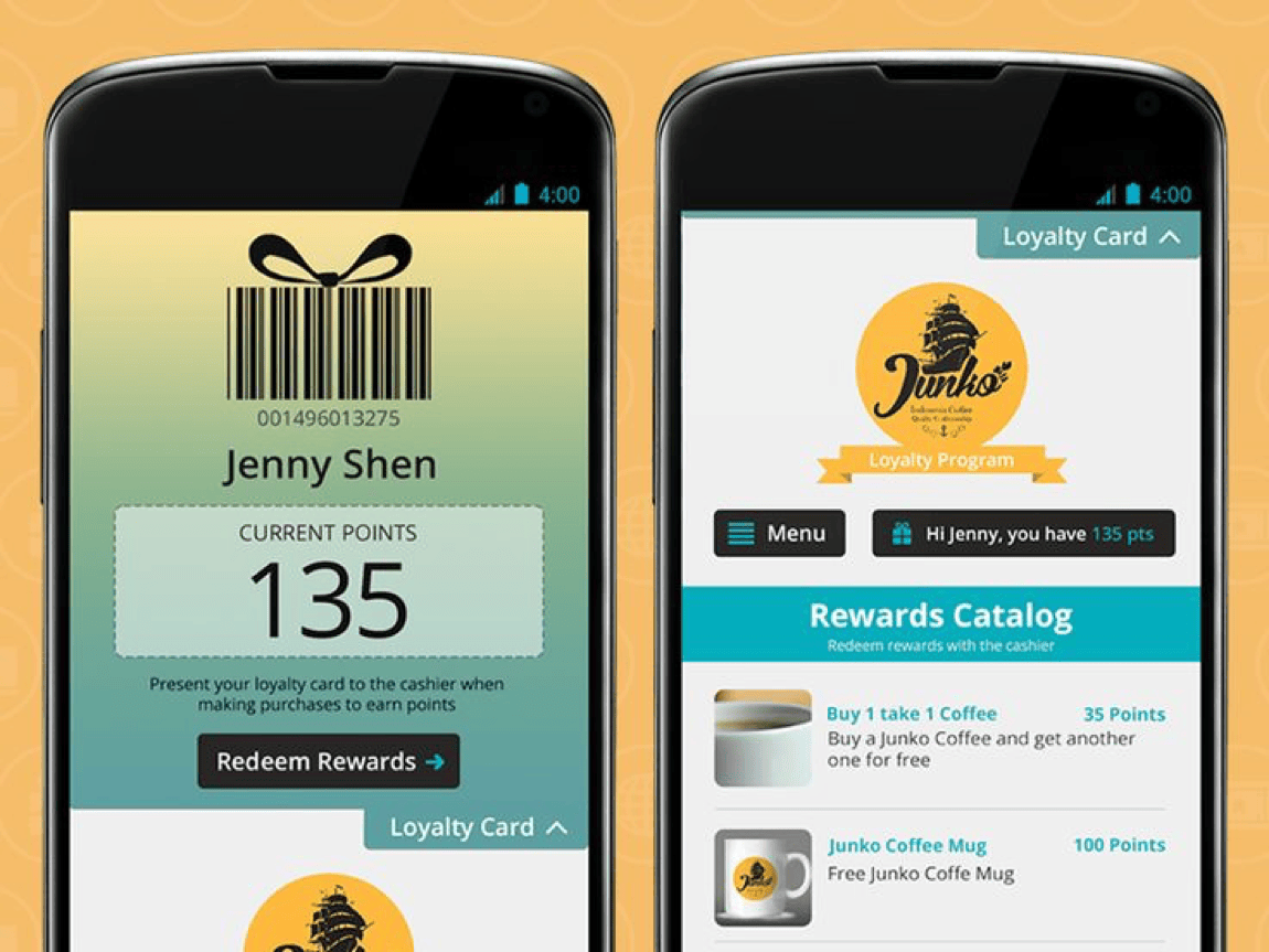 Mobile app loyalty card program rewarding repeat customers with points and perks