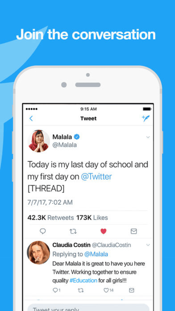 Twitter app download page highlighting its unique short-form sharing feature