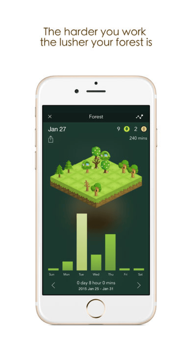 Forest app gamification screen showing user forest and achievements