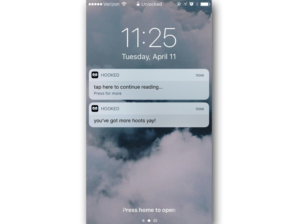 Hooked push notification alerting user that reading time has resumed