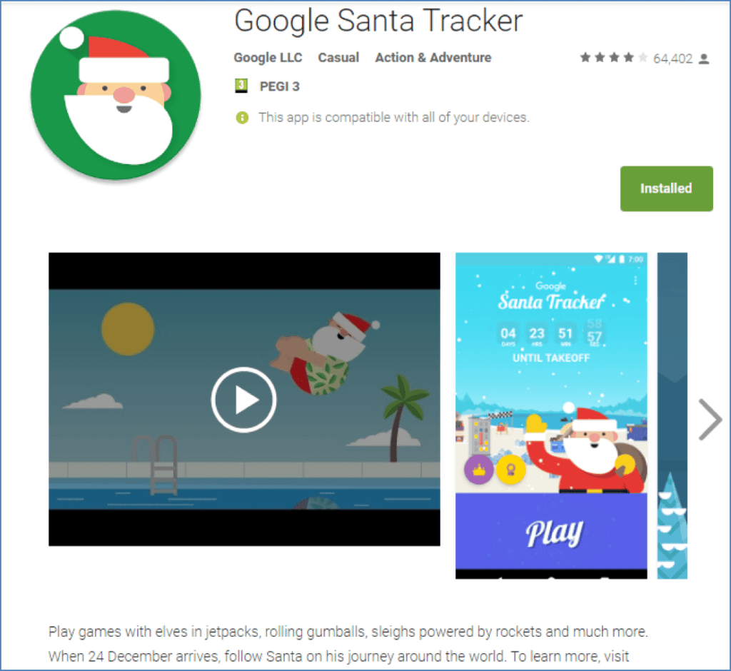 Google Santa Tracker Play Store listing with screenshots and description