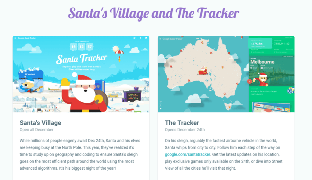 Google Santa Tracker village interface with seasonal activities and games