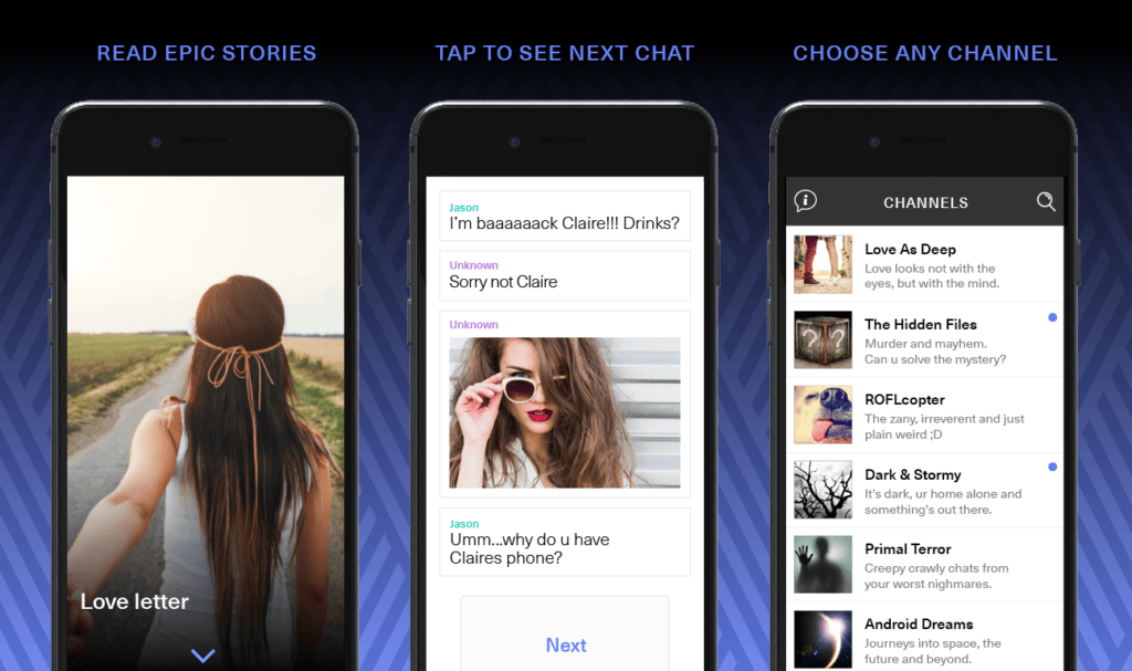 Hooked app storytelling screens displaying dialogue-based fiction chapters