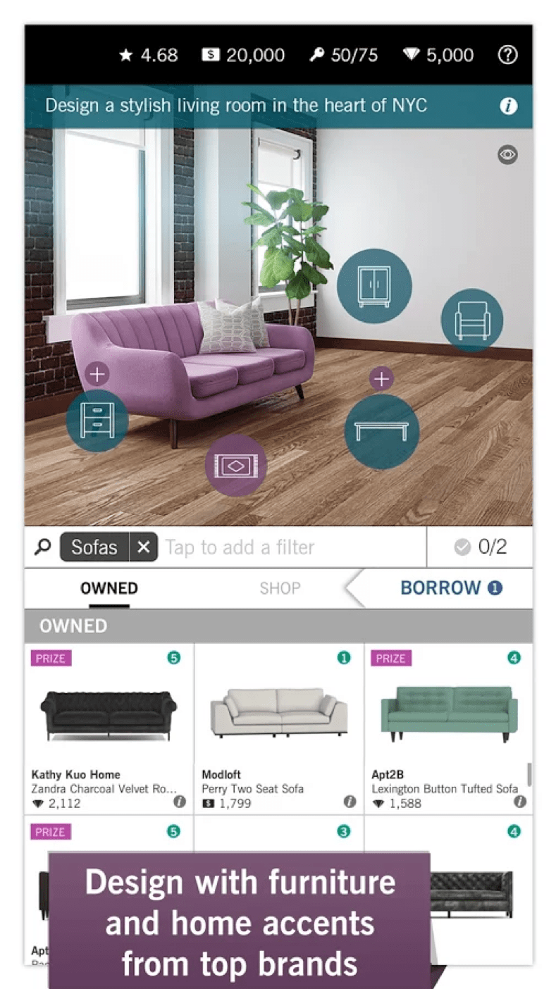 Design Home in-app furniture and home accents shopping screen