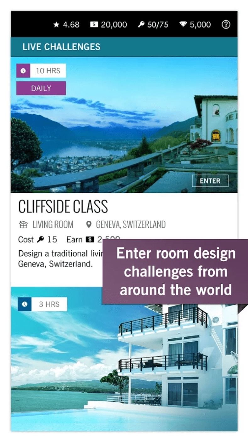 Design Home room decorating challenge entry screen on mobile