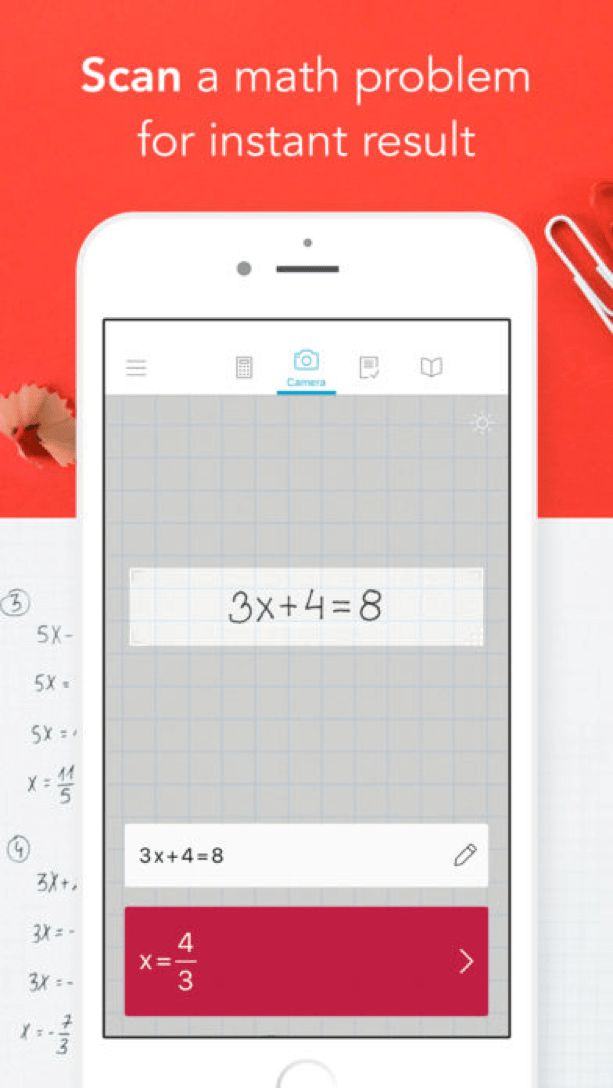 Photomath mobile UI showing camera-based math scanning interface