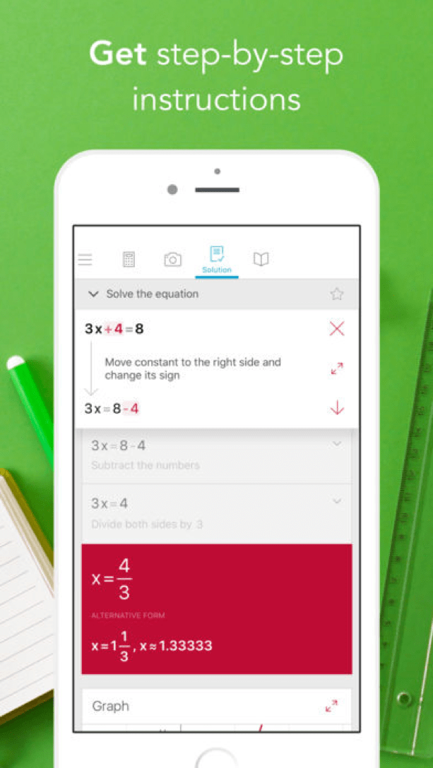 Photomath screen displaying step-by-step solution using neural network technology