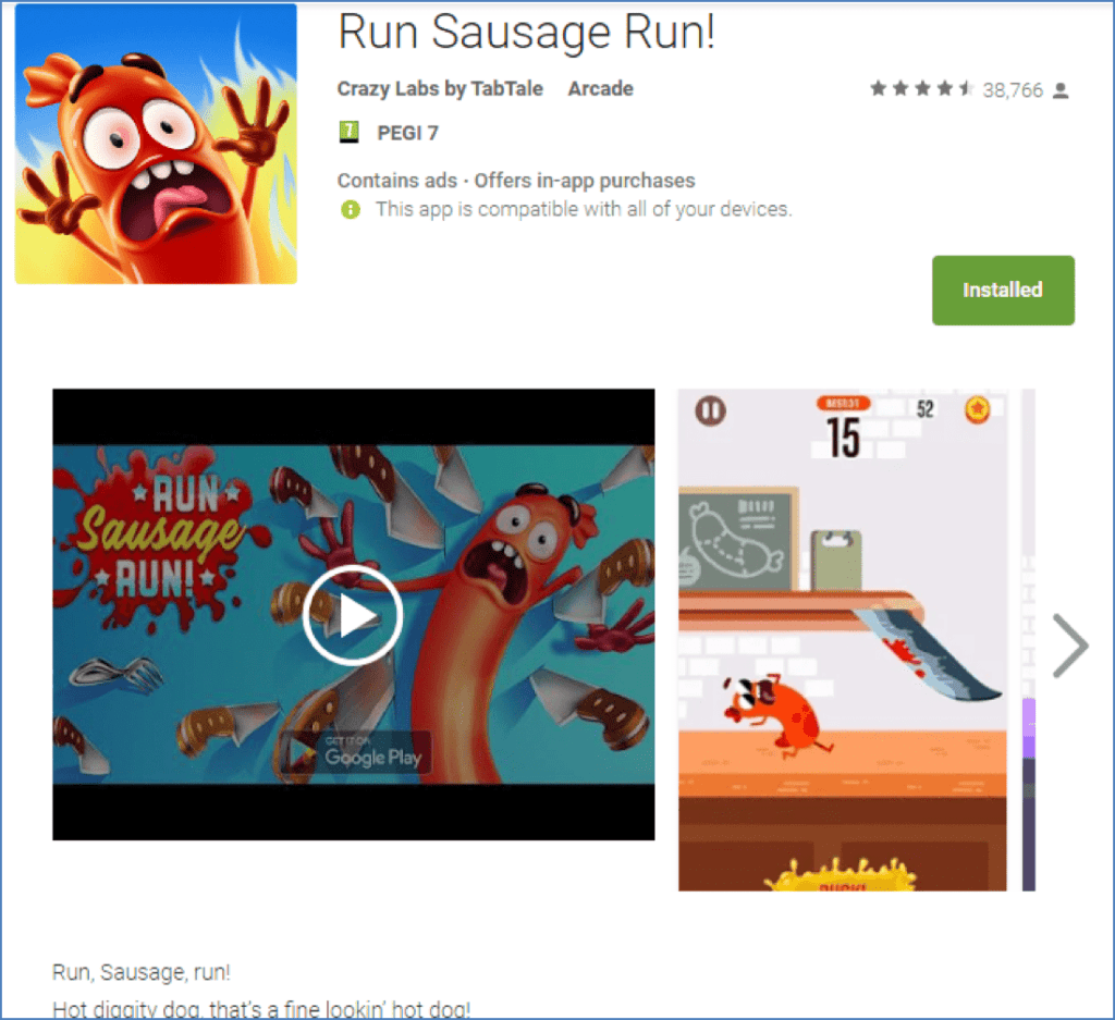 Run Sausage Run app store listing with icon screenshots and reviews