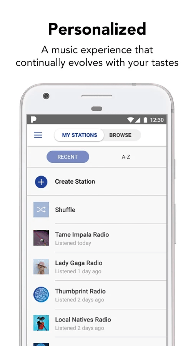 Pandora Music personalized station recommendations on mobile screen