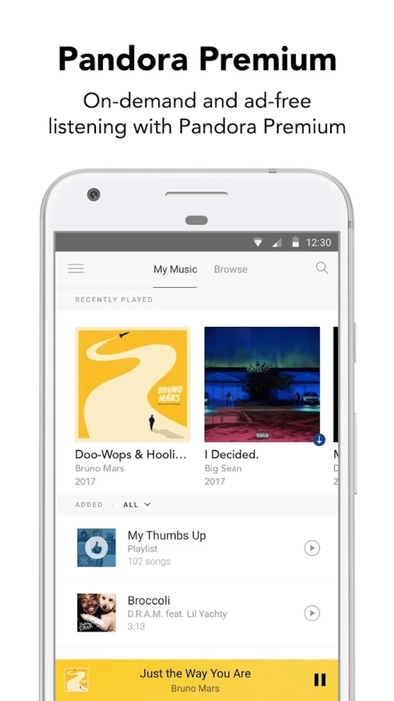 Pandora Plus and Pandora Premium subscription options on mobile