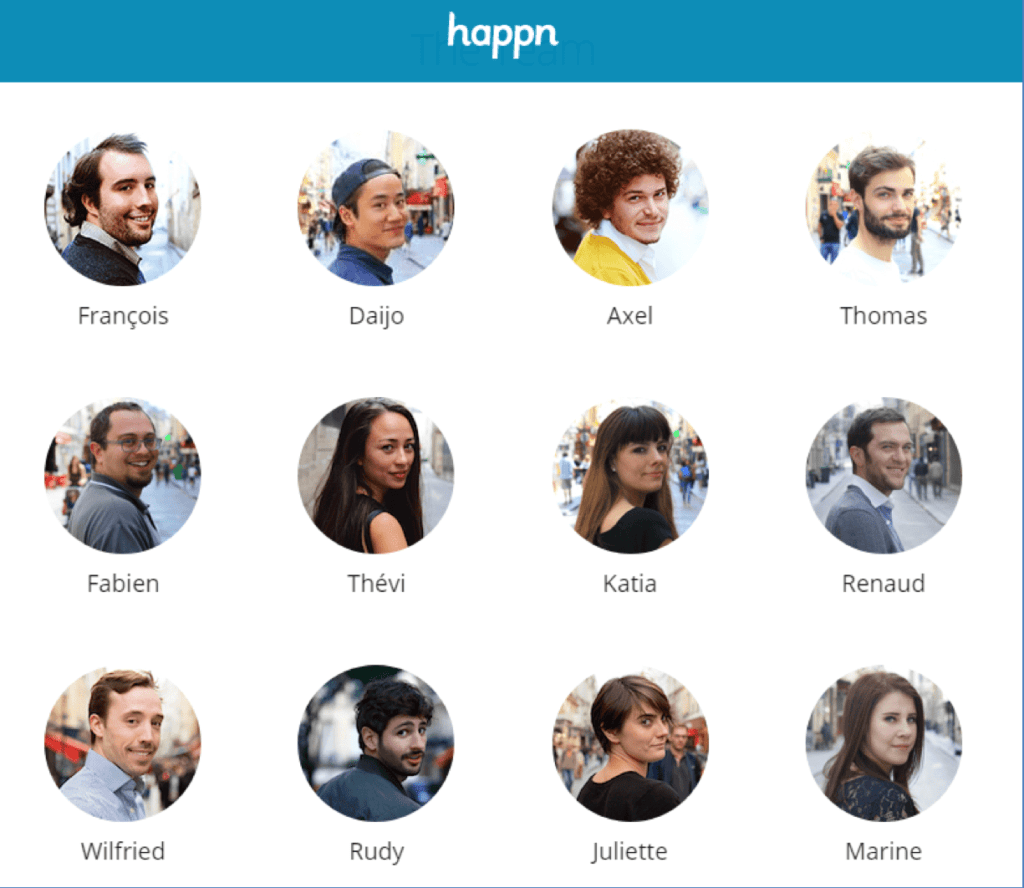 Happn founders and team photos on the official about page