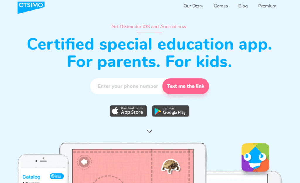 Otsimo official website landing page with app download options