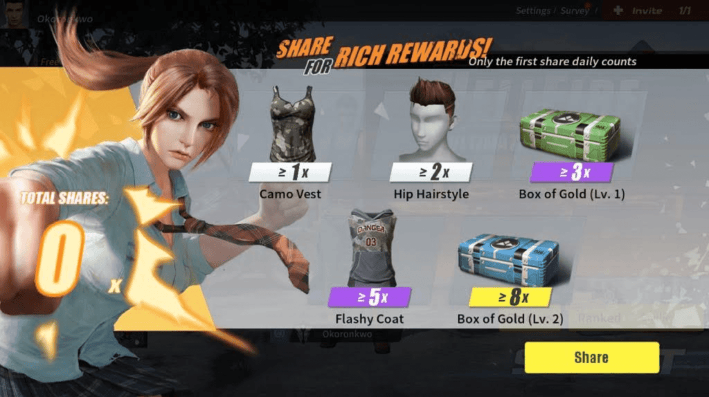 Rules of Survival share with friends for in-game reward screen