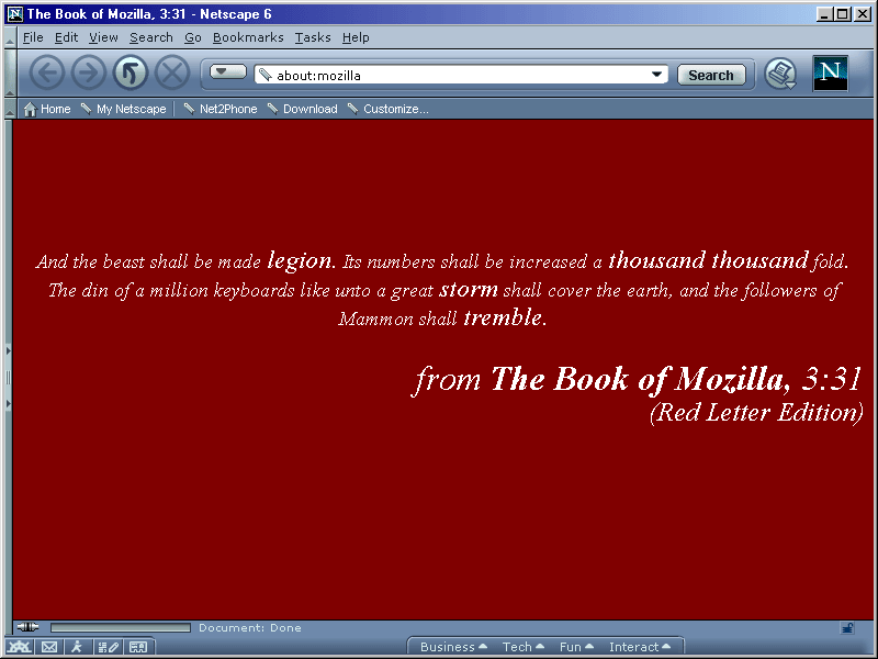 Firefox browser showing the apocalyptic Book of Mozilla Easter egg text