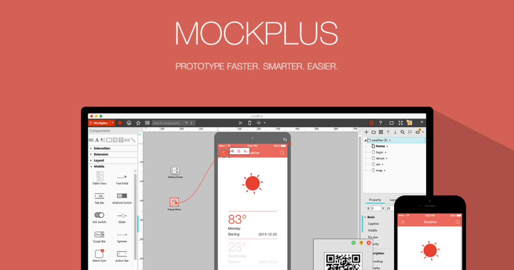 Mockplus rapid prototyping tool interface with components and icons