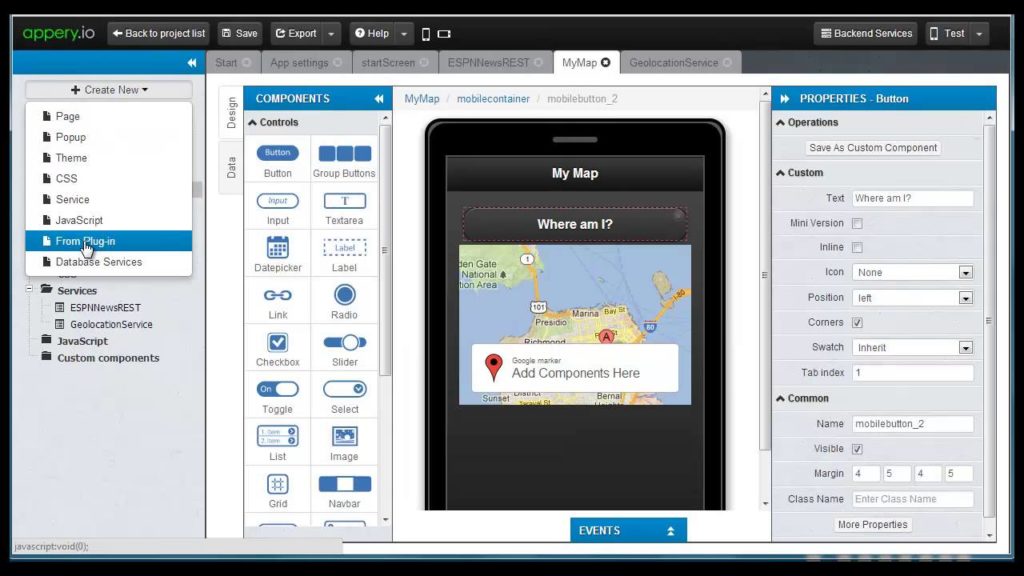 Appery.io cloud-based mobile app builder dashboard interface