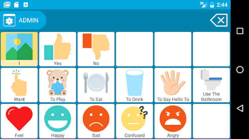 CommBoards Lite AAC app displaying symbol-based communication cards for children