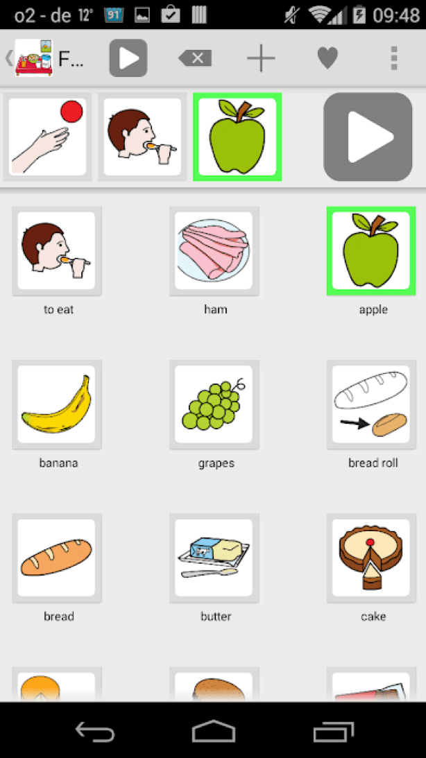 LetMeTalk AAC app interface showing image-based sentence builder