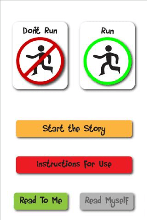 Running Social Story app with visual cues teaching children when it is safe to run