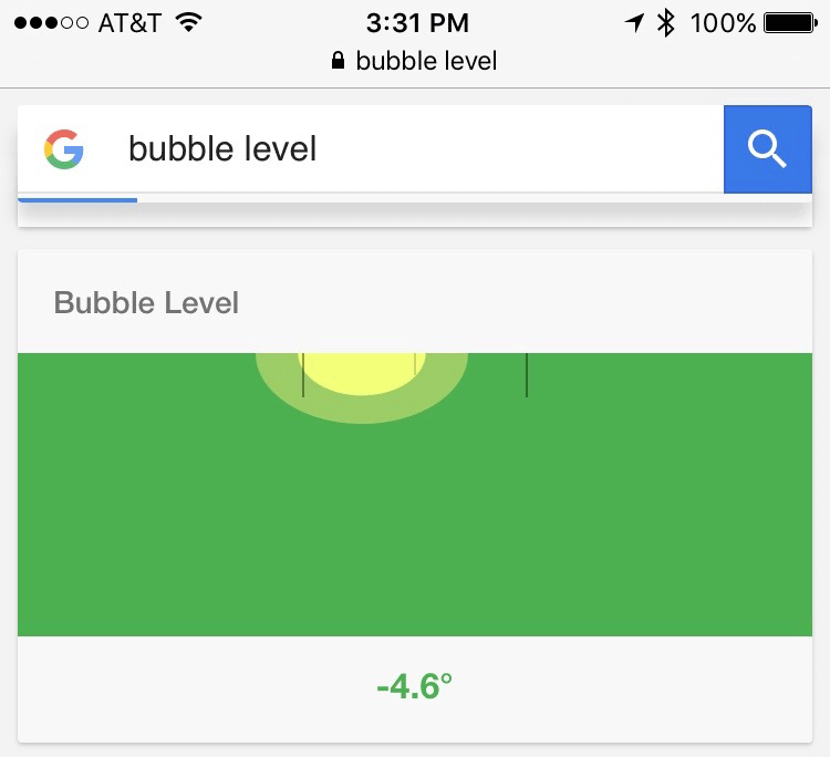 Google Search interactive bubble level tool on a smartphone