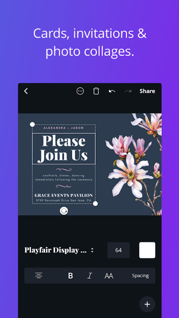 Canva mobile app card invitation and photo collage templates