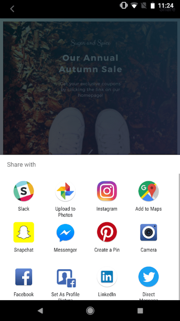 Canva mobile social sharing feature for publishing designs