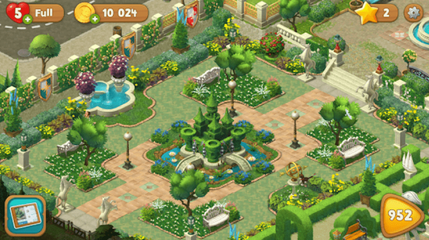 Gardenscapes freemium gameplay showing garden renovation and in-app purchases