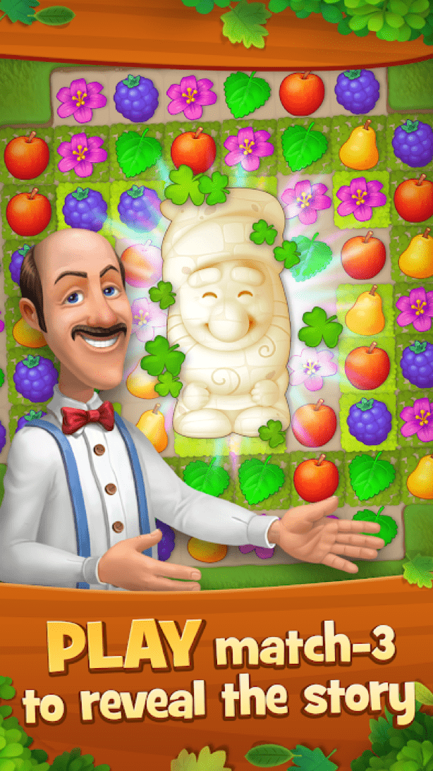 Gardenscapes match-3 puzzle level with colorful garden graphics