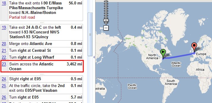 Google Maps directions instructing user to swim across the Atlantic Ocean
