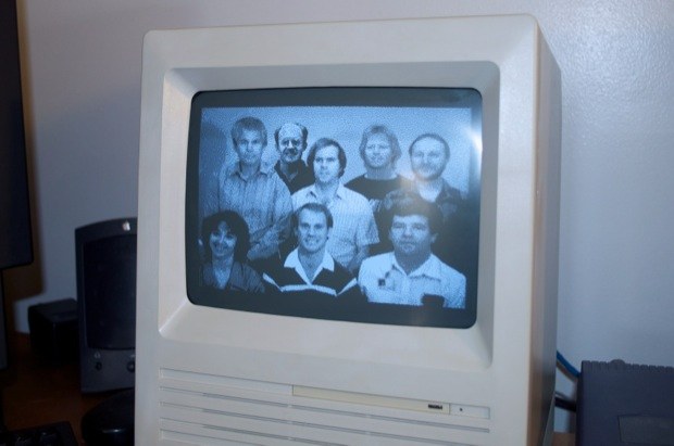 Pixel monochrome photo of the Macintosh SE development team