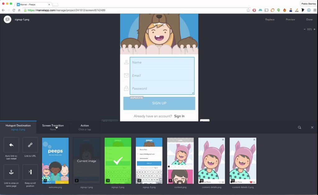 Marvel app prototyping platform showing interactive prototype creation