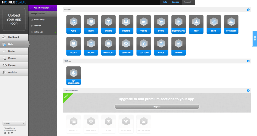 Mobile Roadie app creation and mobile marketing platform interface