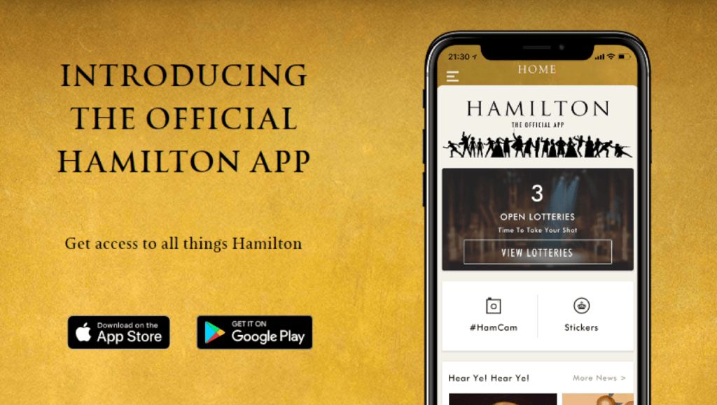 Hamilton official mobile app hero screen on a smartphone