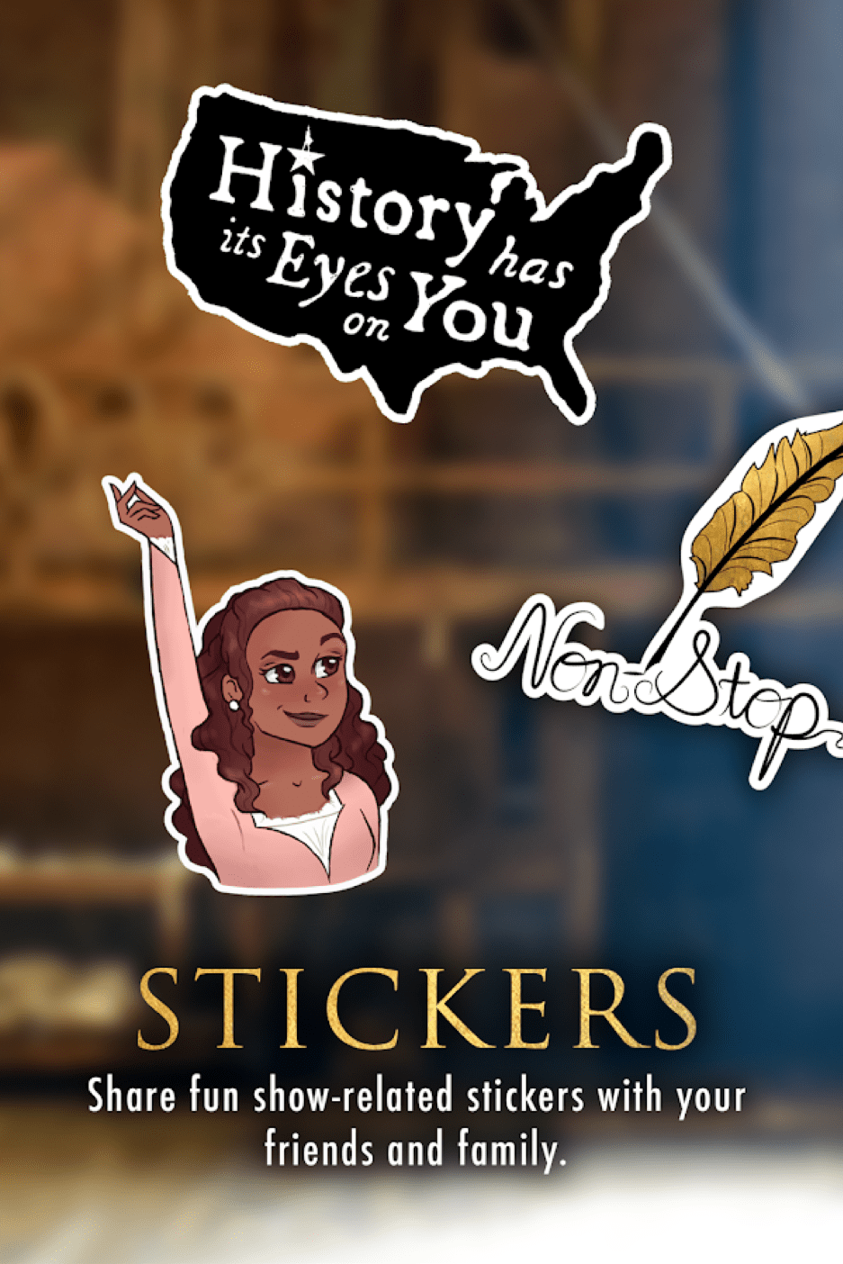 Hamilton app fan art sticker pack submission and sharing screen