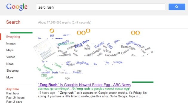 Google Zerg Rush Easter egg with red and yellow zeroes attacking search results