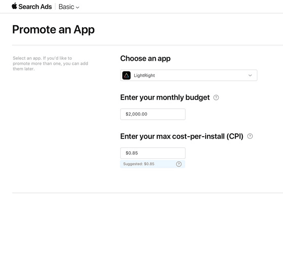 Apple Search Ads Basic promote an app campaign setup screen