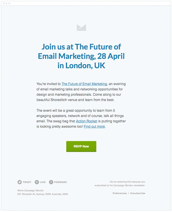 Action Rocket event invitation email with bold headline and CTA button