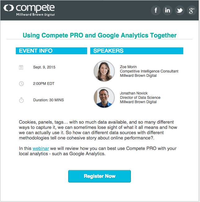Compete event invitation email with speaker details and CTA button