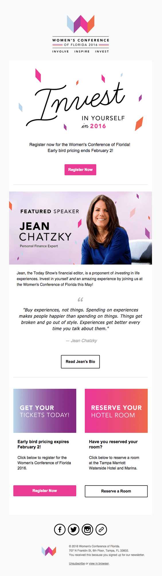 Womens conference event invitation email with dual CTA buttons and full details