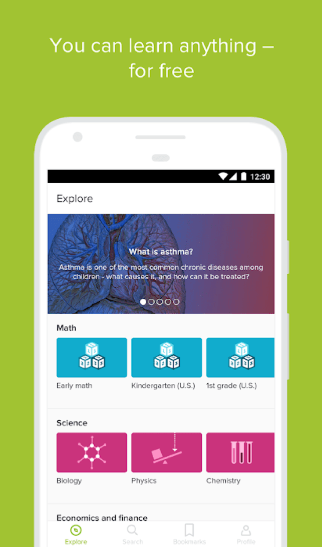 Khan Academy free learning content screen on mobile