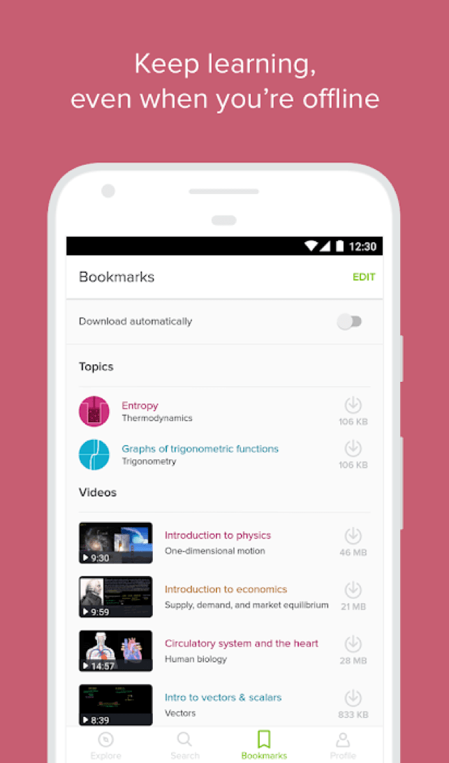 Khan Academy offline learning feature shown on phone