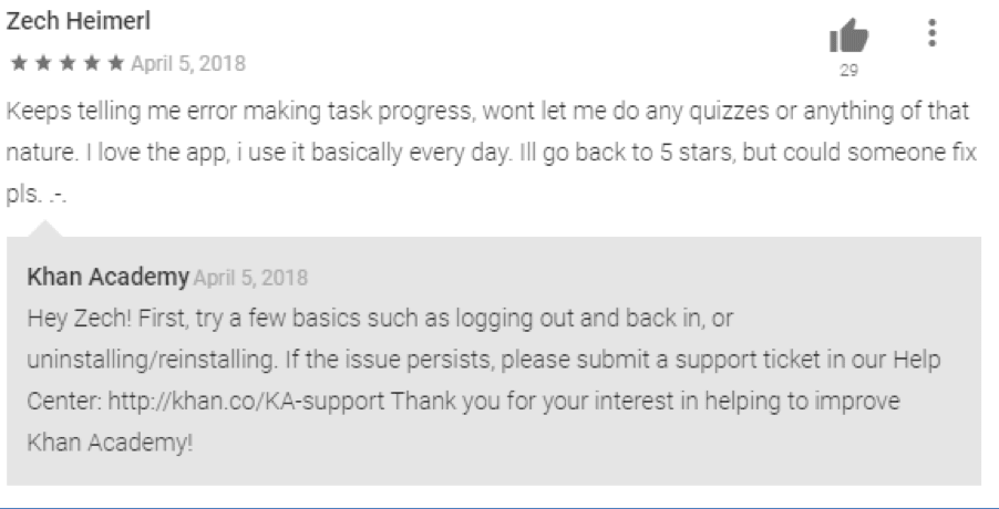 Khan Academy team responding to user reviews in app store