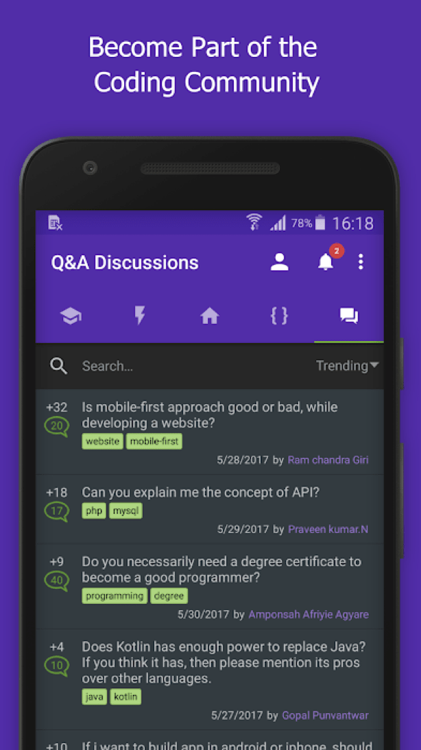 SoloLearn mobile app coding community interface