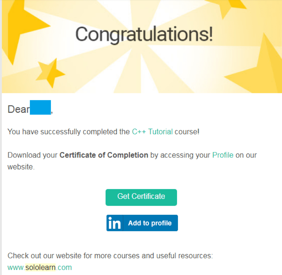 SoloLearn email marketing example with course completion notification