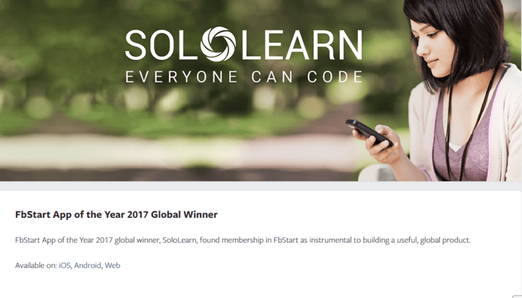 SoloLearn FbStart App of the Year 2017 Facebook Developers page