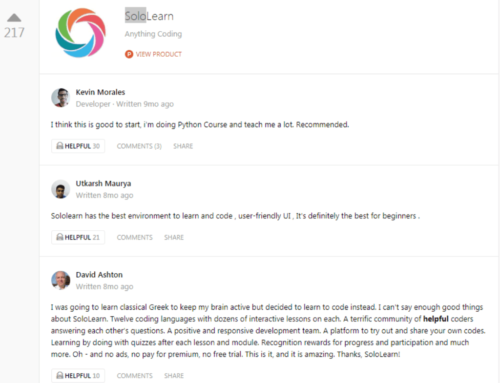 SoloLearn press coverage on TechCrunch and Product Hunt